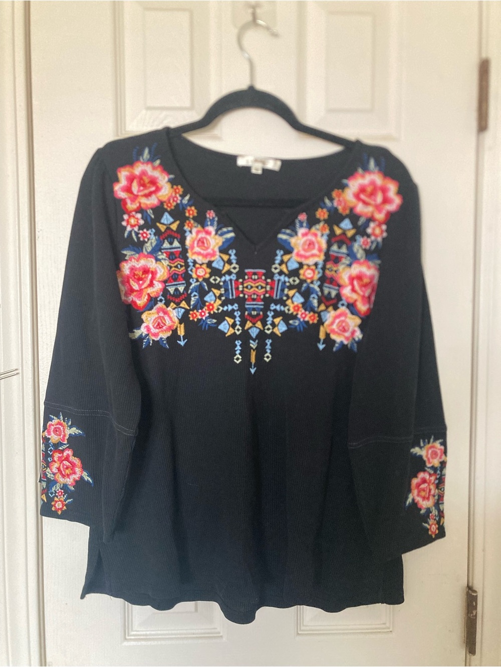 ANDREE BY UNIT Black Tunic with Pink Floral Embroidery